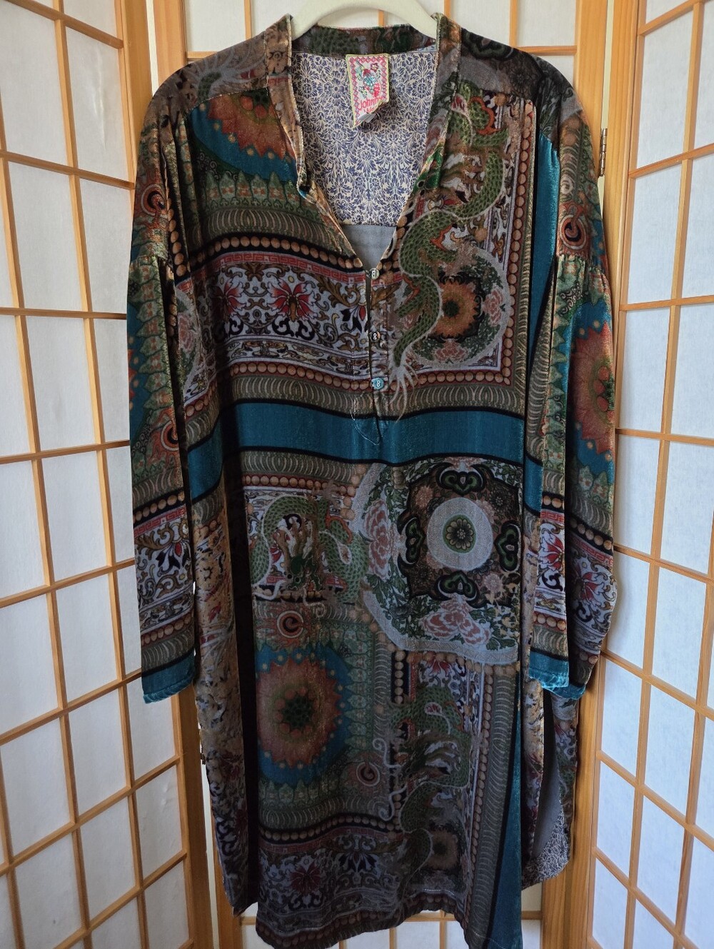 NEW WOMENS JONNY WAS FLORAL VELVET SILK/RAYON LONG SLEEVES TUNIC DRESS MEDIUM